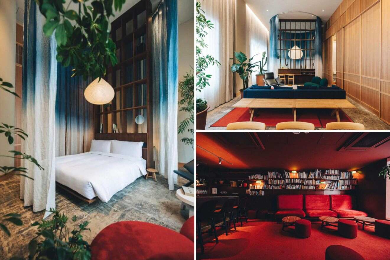 A collage of photos of a cool and unique hotel to stay in Tokyo: a minimalist bedroom with a green plant hanging overhead, a stylish lounge with a blue sofa and wooden paneling, and a cozy reading nook with red carpet and shelves of books.