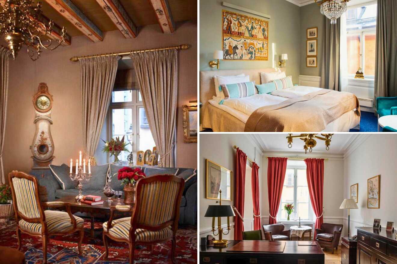 A collage of three hotel photos to stay in Stockholm Old Town: an opulent room with vintage furniture and candelabra, a plush bed with a colorful tapestry above, and a regal room with red drapes and a classic writing desk.