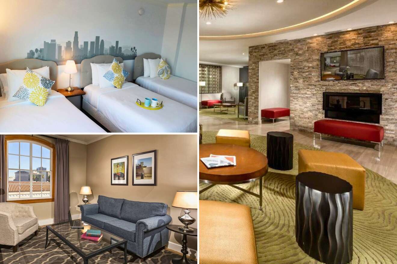 A collage of three hotel photos in Koreatown: A hotel room with twin beds adorned with patterned cushions and a city mural as a headboard, a spacious living room with comfortable seating and large windows, and a hotel lobby with stone accents, contemporary furniture, and a warm color scheme.