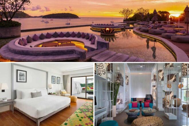 A collage of three hotel photos to stay in Phuket: A luxurious lounge with circular couches at sunset by the beach, a bright and airy bedroom with minimalist design, and a stylish lobby with artistic partitions and modern seating arrangements.