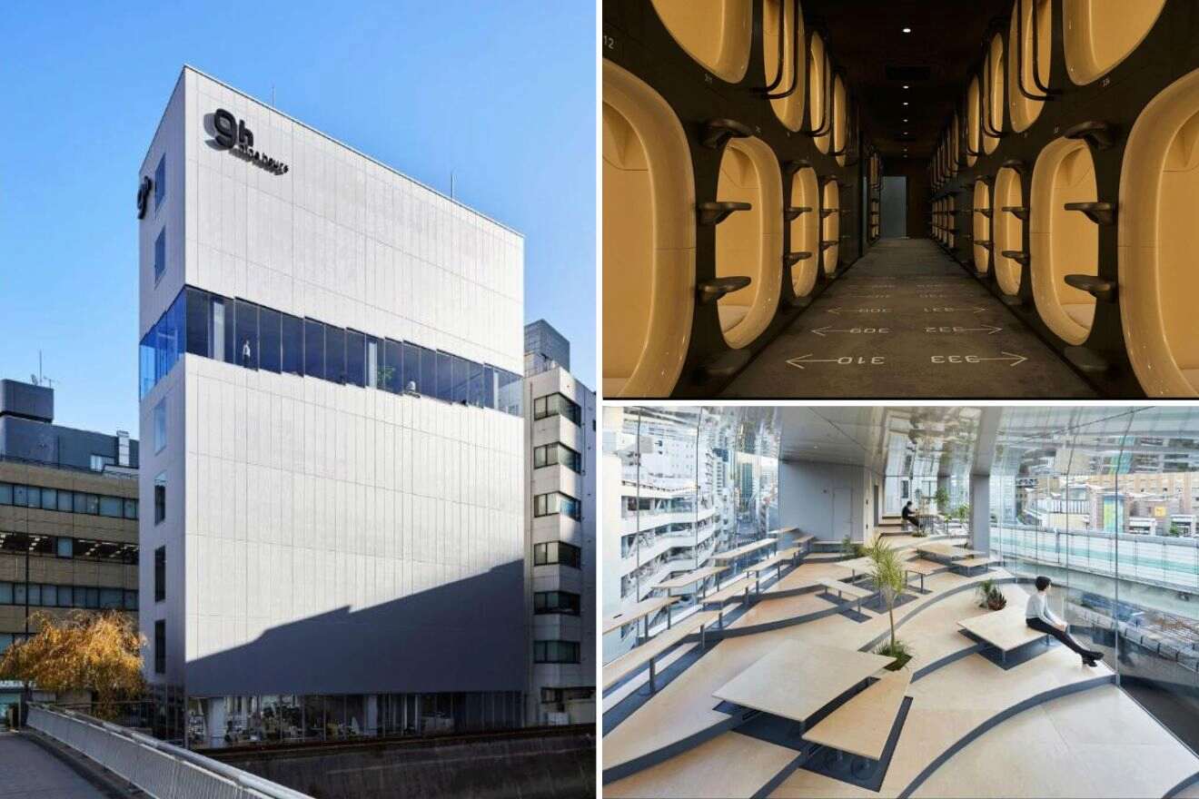 A collage of photos of a cool and unique hotel to stay in Tokyo: a stark white hotel exterior, an array of cylindrical sleeping pods, and an innovative lobby with skateboarding ramps and plant-filled seating areas.