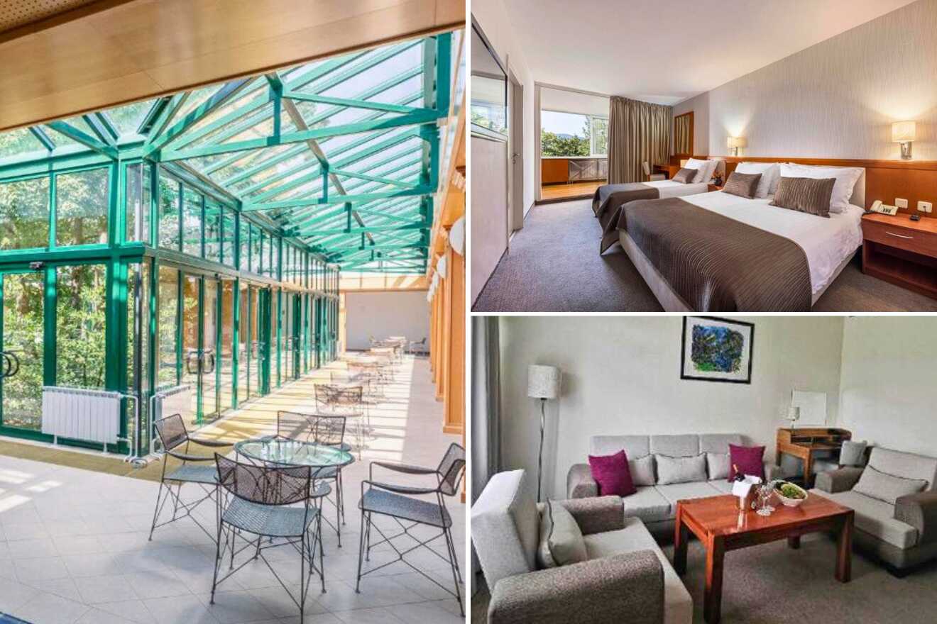 A collage of three hotel photos to stay in Plitvice Lakes: a sunlit glass-roofed corridor with outdoor seating, a cozy twin bedroom with large windows, and a comfortable living room setup with sofas and a coffee table.
