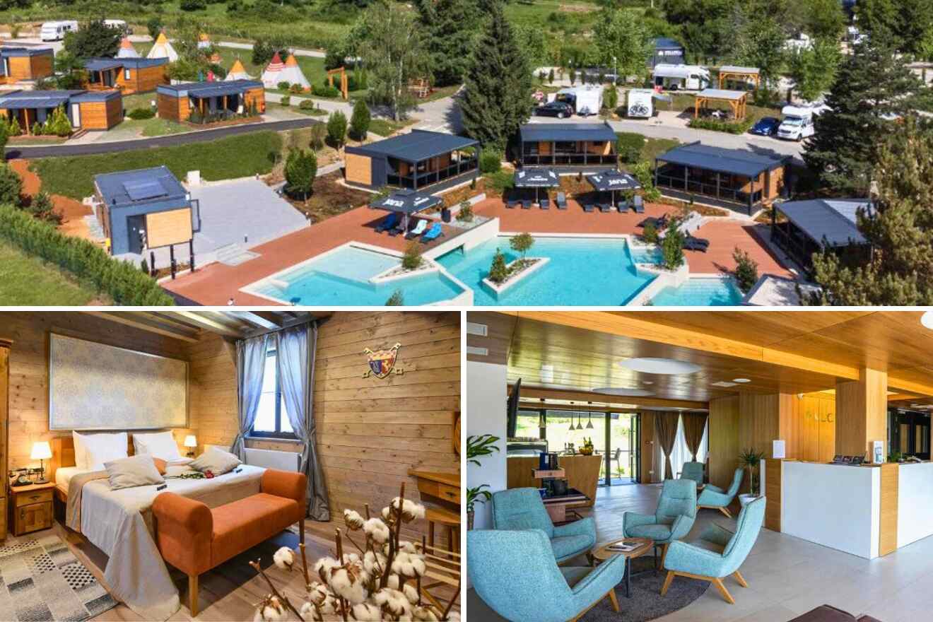 A collage of three accommodation options near Plitvice Lakes: an aerial view of a glamping site with small cabins and a pool, an inviting rustic bedroom with wood walls, and a stylish hotel lobby with modern furniture and wooden accents.