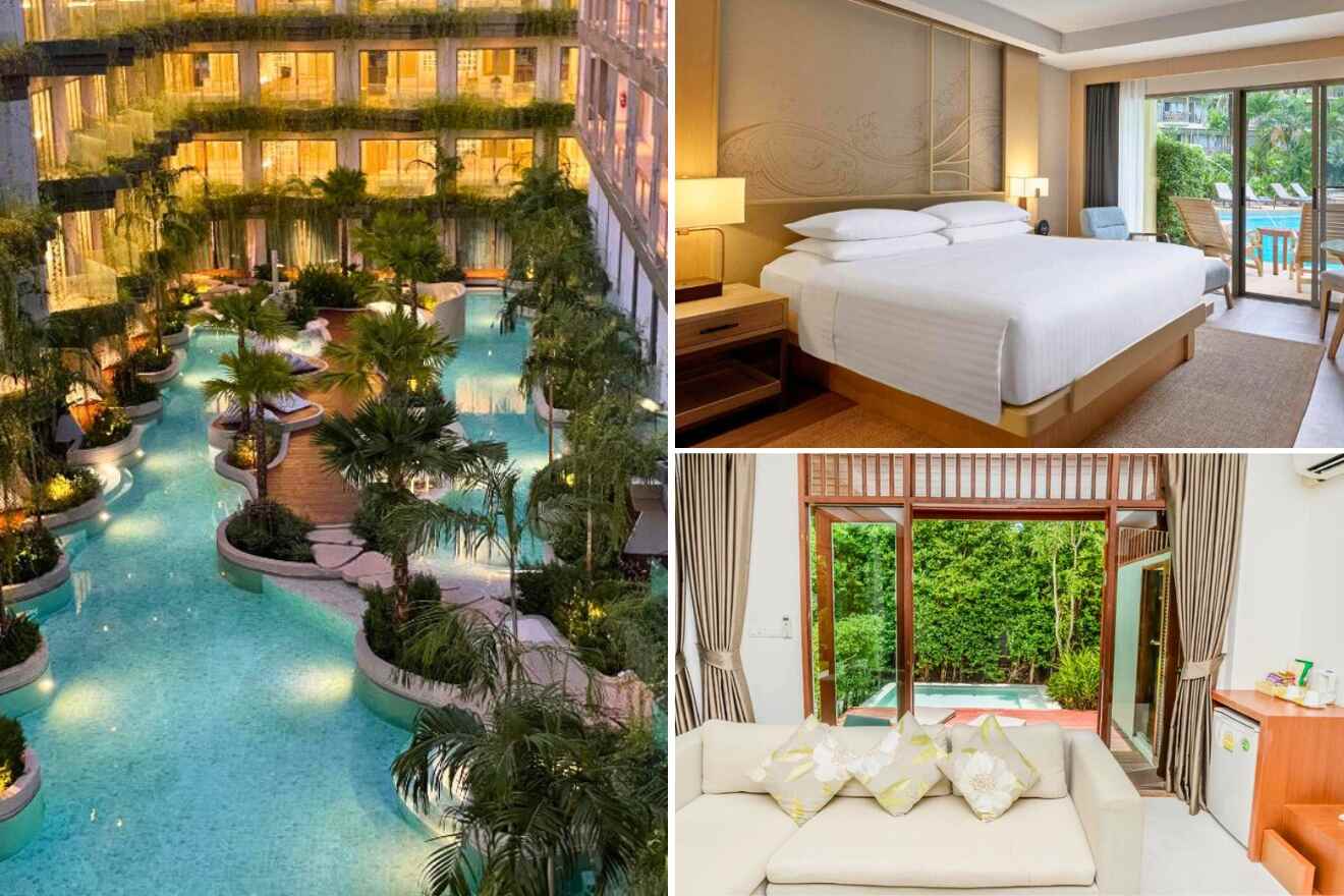 A collage of three hotel photos to stay in Phuket: A night view of a resort pool with palm trees illuminated by fairy lights, a serene bedroom with pool access and tropical decor, and a small private plunge pool with a forest backdrop visible through large glass doors.