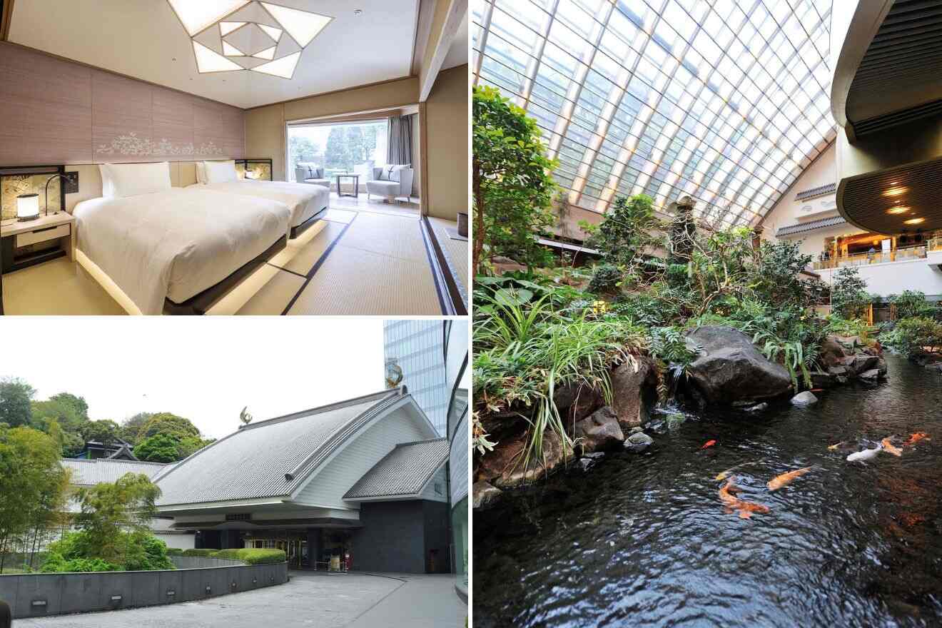 A collage of photos of a cool and unique hotel to stay in Tokyo: an elegant hotel room with a large window and a geometric ceiling light, a lush indoor atrium with a glass roof and koi pond, and a traditional Japanese exterior of a building with a curved roofline.