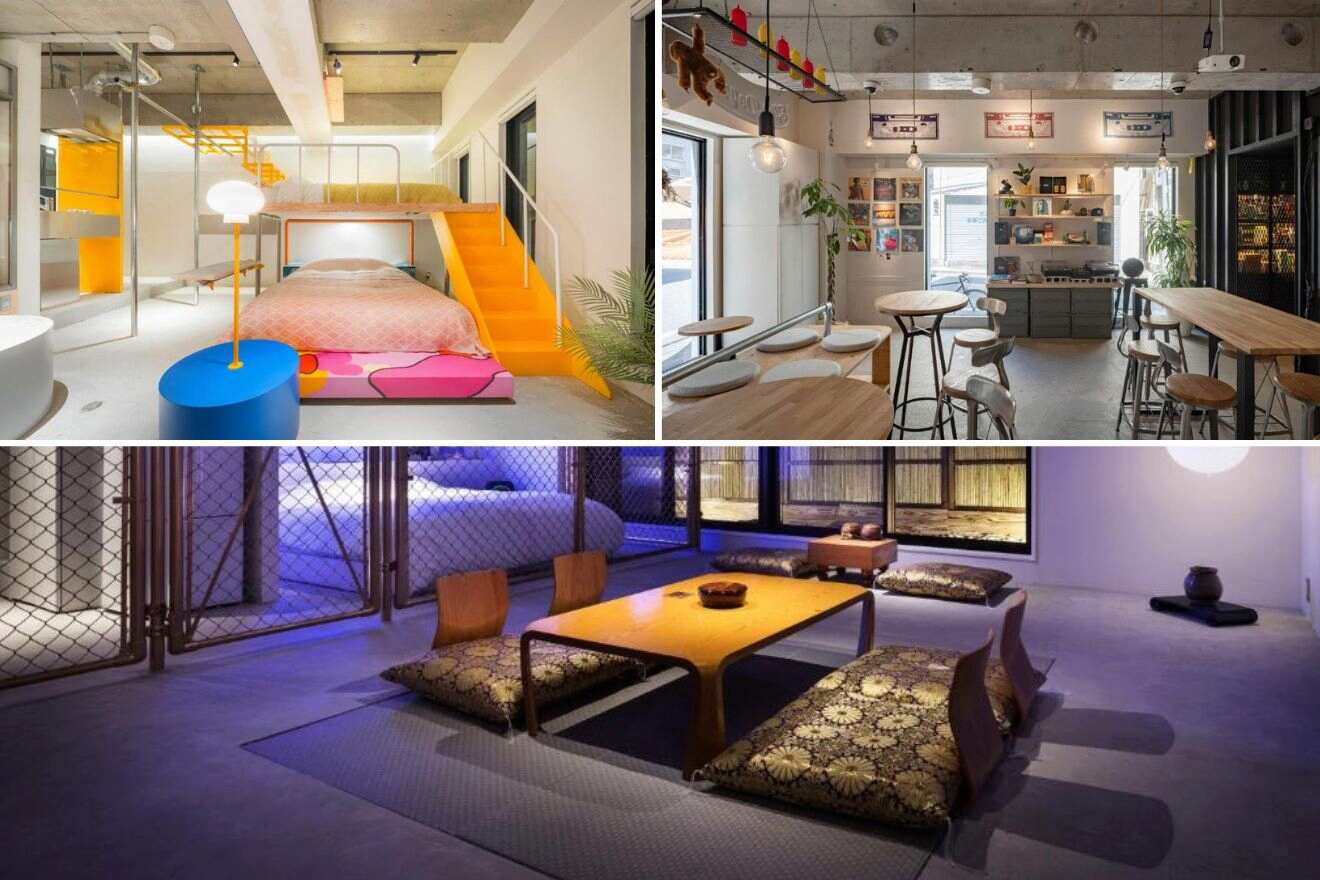 A collage of photos of a cool and unique hotel to stay in Tokyo: a vibrant bedroom with a colorful floor and a loft bed, a casual cafe with hanging lights and a laid-back vibe, and a Japanese-style seating area with floor cushions and a low table.