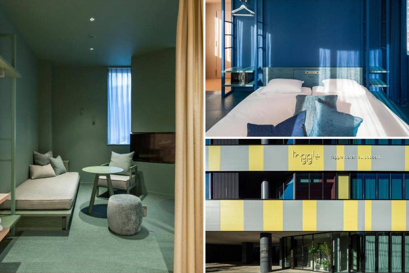 A collage of photos of a cool and unique hotel to stay in Tokyo: a minimalist room with subdued colors and a comfortable seating area, a blue-themed bedroom with natural light, and a modern hotel facade with colorful geometric patterns.