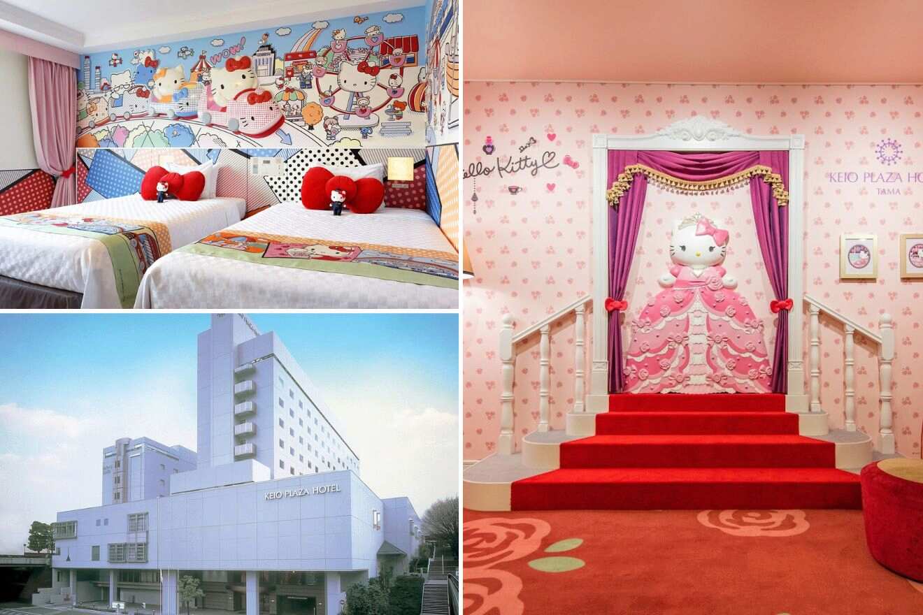 A collage of photos of a cool and unique hotel to stay in Tokyo: a whimsical Hello Kitty-themed room with vibrant wall art, a pink-hued staircase with a Hello Kitty statue, and the bright exterior of the themed hotel.