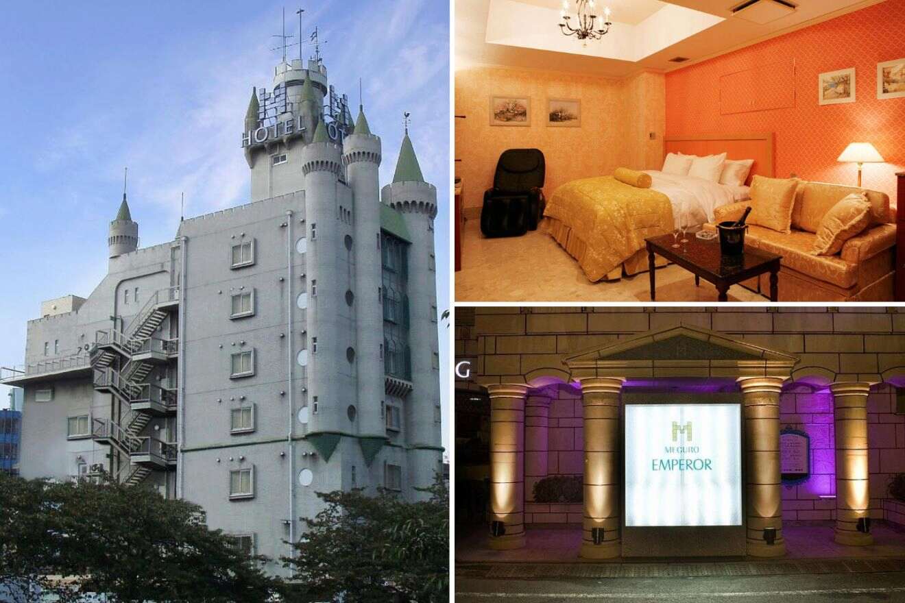 A collage of photos of a cool and unique hotel to stay in Tokyo: a castle-like hotel exterior with turrets, a luxurious golden-hued room with plush furnishings, and a hotel entrance with purple lighting and regal columns.