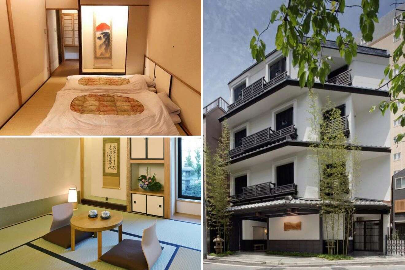 A collage of photos of a cool and unique hotel to stay in Tokyo: a traditional Japanese room with futon bedding and tatami flooring, a serene entryway with Japanese calligraphy, and a modern hotel exterior with black railings and greenery.