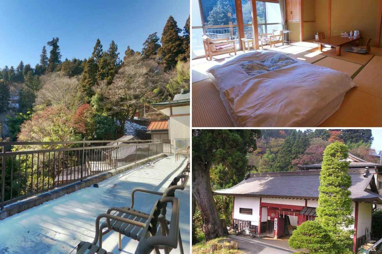 A collage of photos of a cool and unique hotel to stay in Tokyo: a scenic mountain view from a hotel balcony, a room with traditional Japanese decor and a futon on the floor, and the red facade of a charming onsen ryokan.