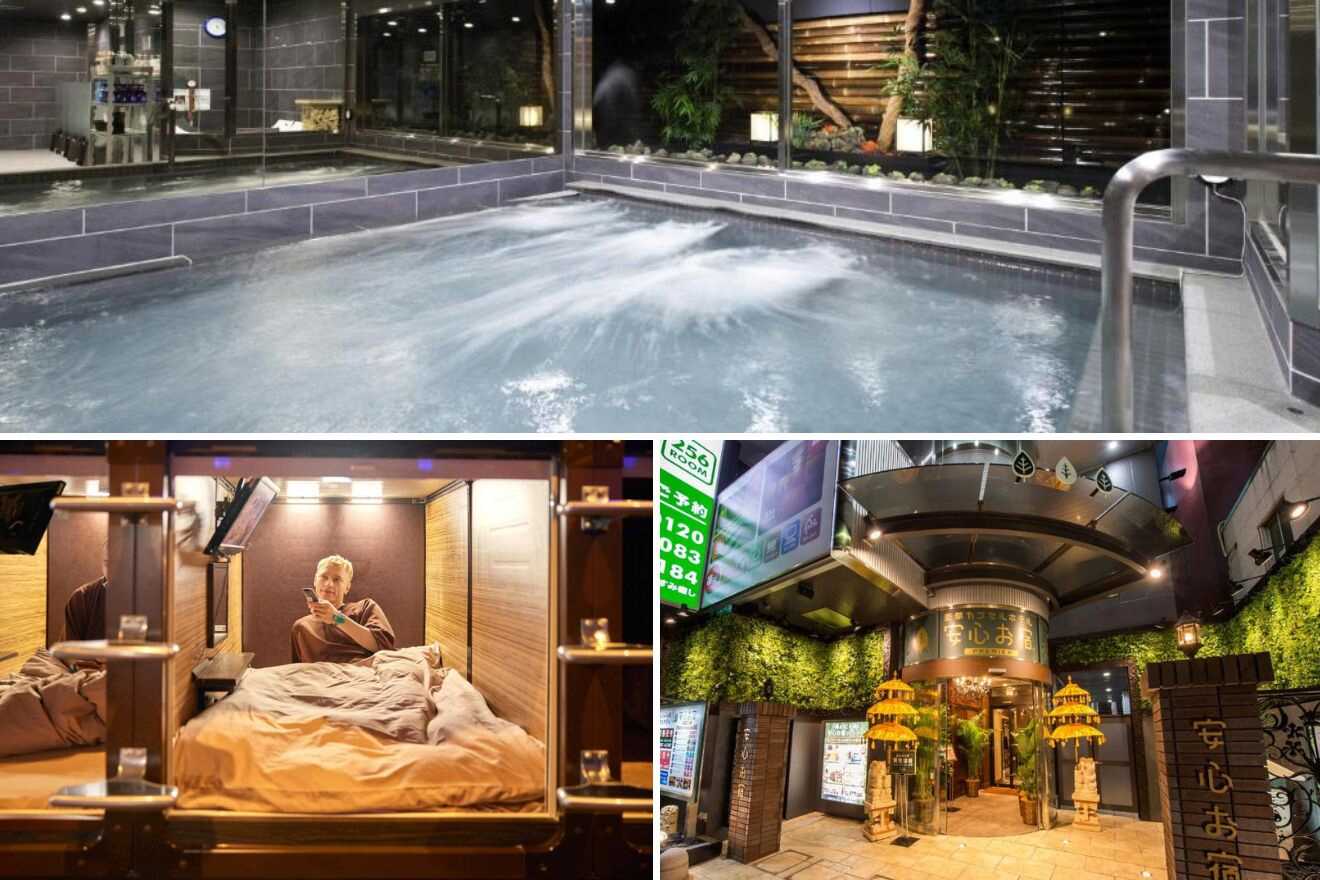 A collage of photos of a cool and unique hotel to stay in Tokyo: an indoor hot spring bath with a view of a tranquil garden, a capsule-style sleeping area with a guest reading in bed, and the vibrant, inviting entrance of a capsule hotel with greenery.