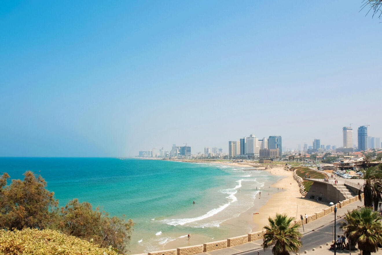 Scenic coastline with a sandy beach and calm waters, overlooked by a cityscape with modern buildings under a clear sky
