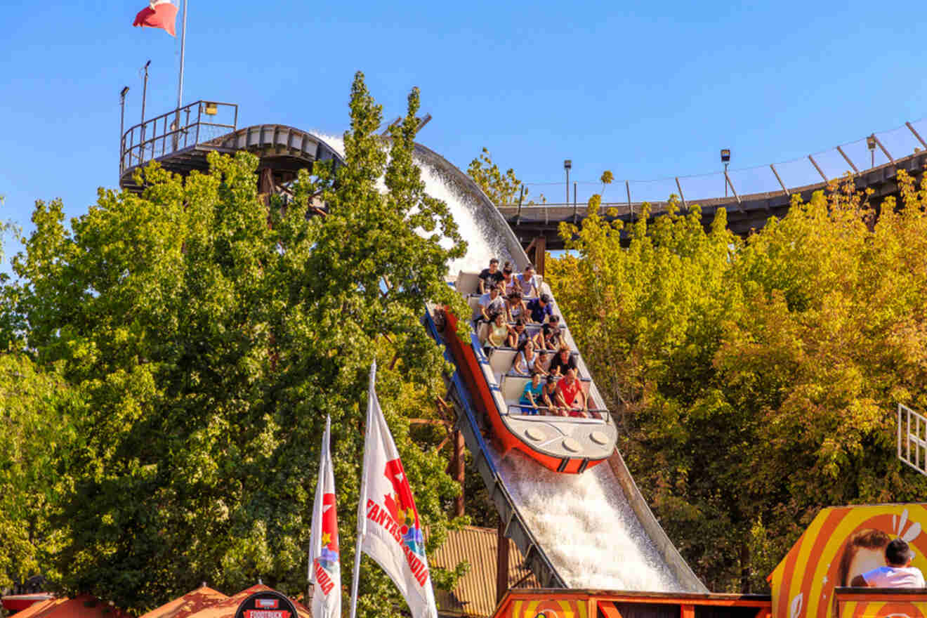 Thrill-seekers descending on a water ride at Fantasilandia amusement park in Santiago, Chile, with trees and flags surrounding