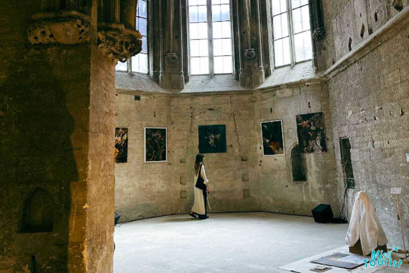 The writer of the post contemplates artwork in the airy, sunlit hall of the Musée Calvet in Avignon, France, surrounded by high ceilings and historical artifacts
