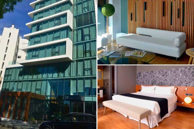 A collage of three hotel photos to stay in Montevideo: a modern hotel building with unique balcony designs, a bright lobby with white furniture and wood accents, and a bedroom with a bold headboard and stylish orange touches.