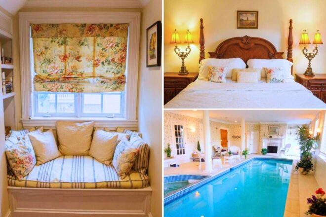 A collage of two hotel photos in Maine: a quaint window seat with floral-patterned cushions and roman blinds, and a grand bedroom with an ornate wooden bed and warm lighting, alongside an indoor pool area with classical decor and loungers.