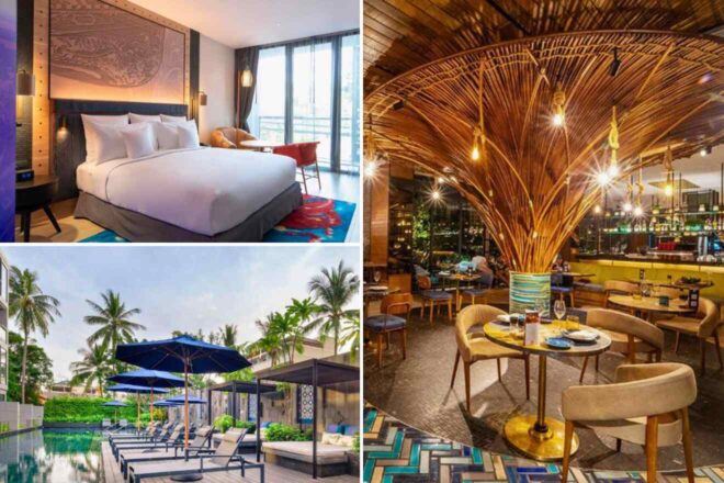 A collage of three hotel photos to stay in Phuket: An elegant bedroom with a bold wall tapestry and contemporary decor, a vibrant restaurant with a striking bamboo centerpiece, and a tranquil pool area lined with blue umbrellas and lush palm trees.