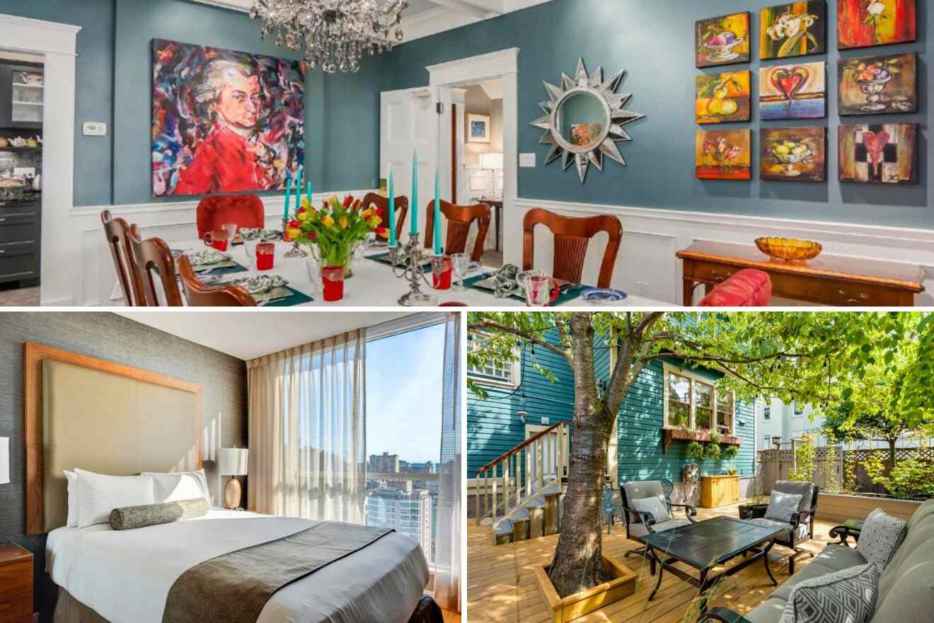 A collage of three hotel settings in West End, Vancouver: a dining room adorned with bold artwork and a sparkling chandelier, a serene bedroom with a city view and neutral tones, and a charming outdoor patio nestled among greenery.