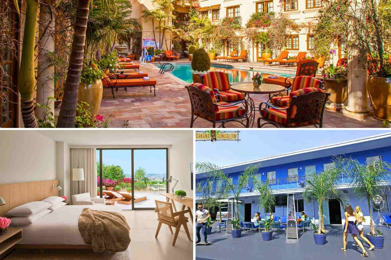 A collage of four hotel photos to stay in West Hollywood: An exotic pool area flanked by palm trees and terracotta pots, a minimalist hotel room with floor-to-ceiling windows and a serene outdoor seating area, a lively blue-themed hostel facade with people enjoying the outdoor patio, and a quaint courtyard dining area with a classic fountain centerpiece.