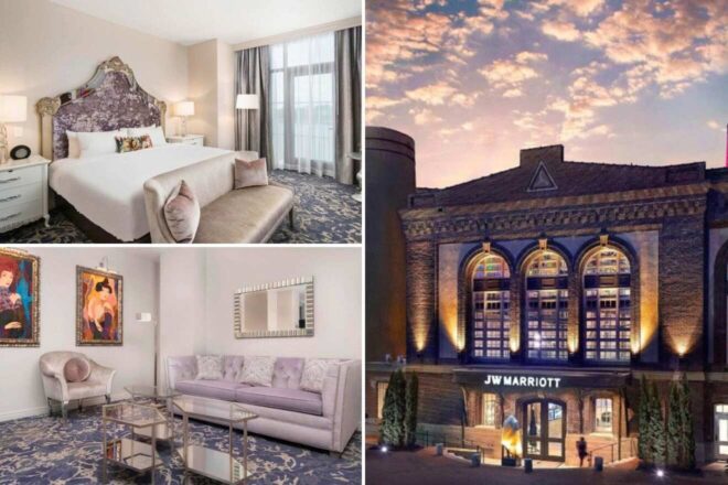 A collage of three hotel photos to stay in Savannah: An elegant bedroom with a patterned headboard and sophisticated art, a chic living area with a lavender sofa and striking wall paintings, and the illuminated facade of the JW Marriott hotel at dusk with a vibrant sky backdrop.