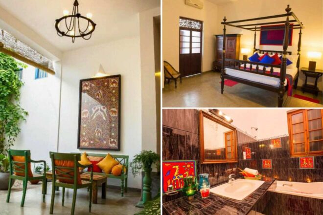A collage of three hotel photos to stay in Colombo: a dining area with traditional decor and artwork, a classic bedroom with a four-poster bed and vibrant accents, and a bathroom with cultural wall art and an open-air design.