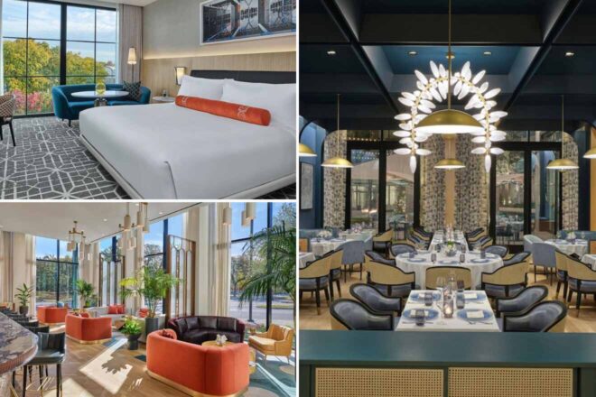 A collage of three hotel photos to stay in Fort Worth: a guest room with a large window providing a tree-lined view and an inviting blue sofa, an exquisite dining area with stylish blue and cream seating under a unique floral chandelier, and a serene lobby with tall windows, hanging gold light fixtures, and vibrant orange armchairs.