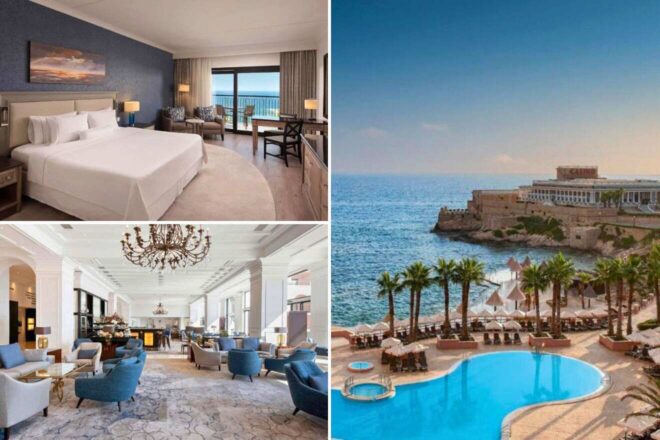 A collage of three hotel photos to stay in Valletta: a spacious bedroom with ocean views and sunset artwork, an opulent lobby with classic design and a chandelier, and a pool area with palm trees overlooking a fortress by the sea.