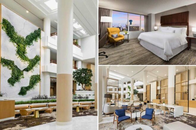 A collage of three hotel photos to stay in Long Beach: a hotel atrium with a modern design and green wall art, a guest room with a city view and chic armchair, and a spacious lounge area with contemporary furniture and large windows.