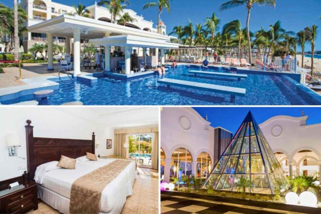 A collage of three hotel photos to stay in Los Cabos: An outdoor pool bar with submerged stools and a vibrant hotel backdrop, a traditional bedroom with patio access offering a view of the grounds, and an illuminated glass pyramid in a modern courtyard setting at night.