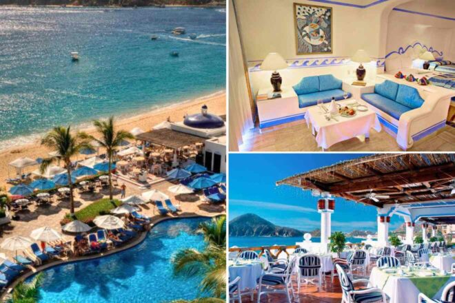 A collage of three hotel photos to stay in Los Cabos: A beachside resort view with umbrellas and an infinity pool blending into the sea, an elegant blue-accented living area with dining setup overlooking the beach, and a rustic beachfront dining setting under a thatched roof.