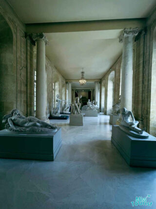 Classical statues in the bright, column-lined corridor of the Musée Calvet in Avignon, France