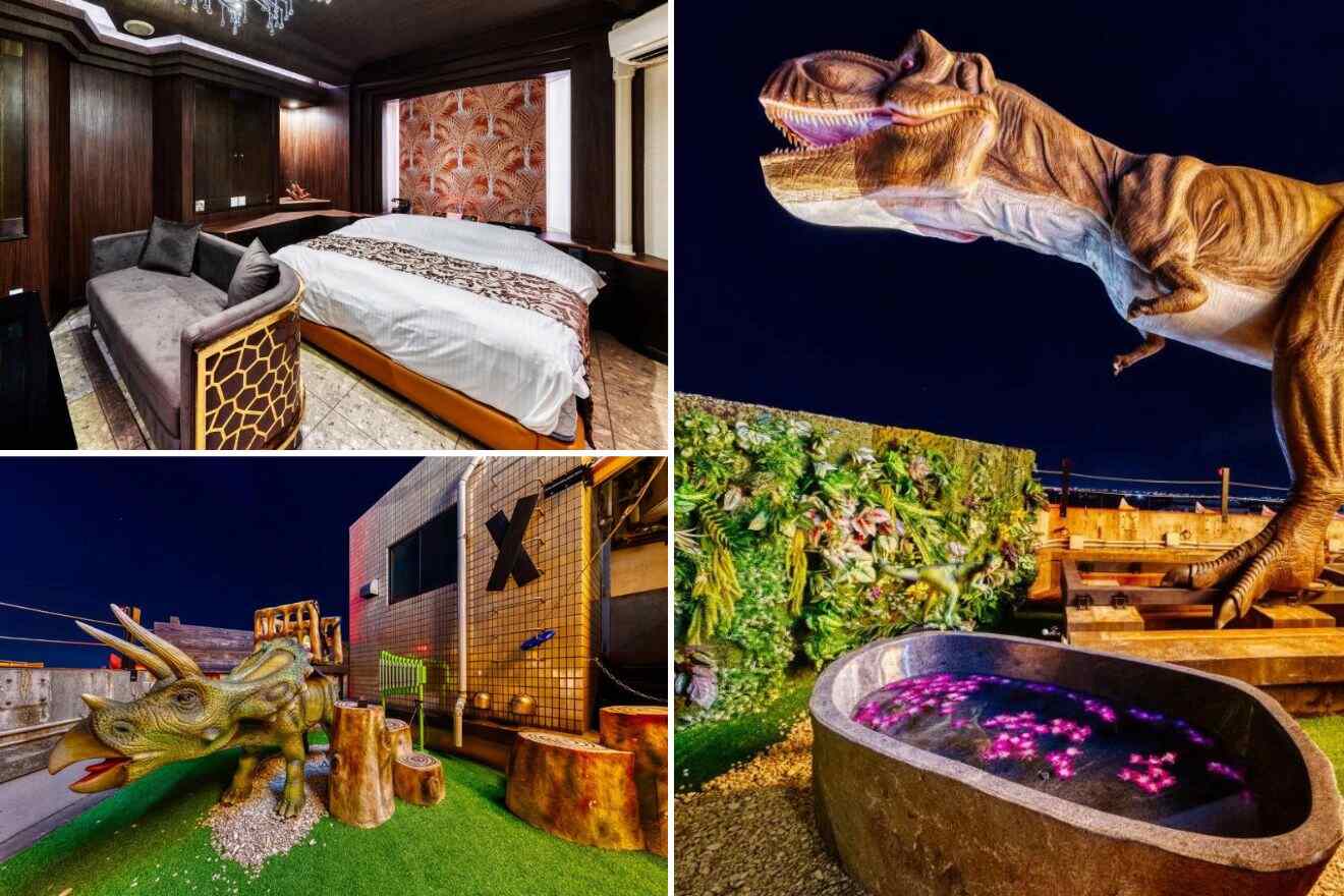 A collage of photos of a cool and unique hotel to stay in Tokyo: a room with exotic animal print decor and a chaise lounge, a vivid T-Rex statue on a rooftop, and a fantasy-themed outdoor area with a Triceratops and a neon-lit hot tub