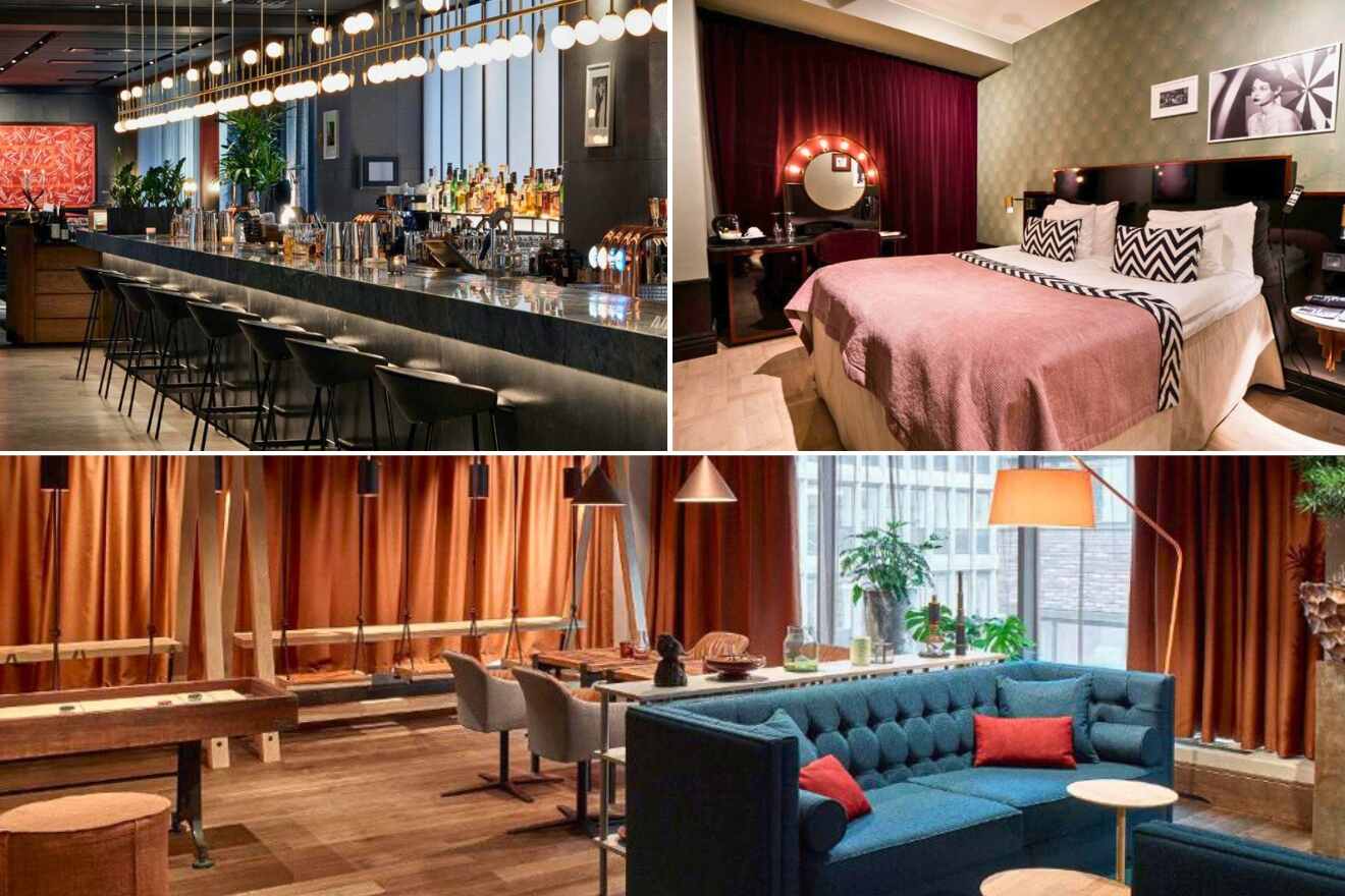 A collage of three hotel images in Norrmalm, Stockholm: a sleek hotel bar with modern lighting, a contemporary bedroom with a red accent wall and chic decor, and a stylish lobby with comfortable seating and warm lighting.