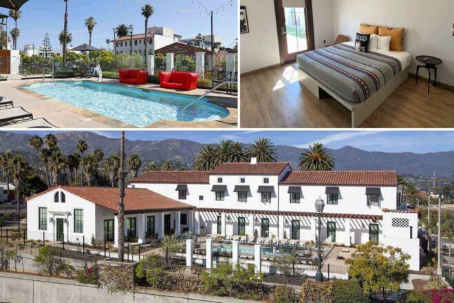 A collage of three hotel photos to stay in Santa Barbara: the sun-drenched pool area surrounded by palm trees at Harbor View Inn, a cozy guest room with bay windows and ocean backdrop, and the hotel's inviting exterior with Spanish-style architecture