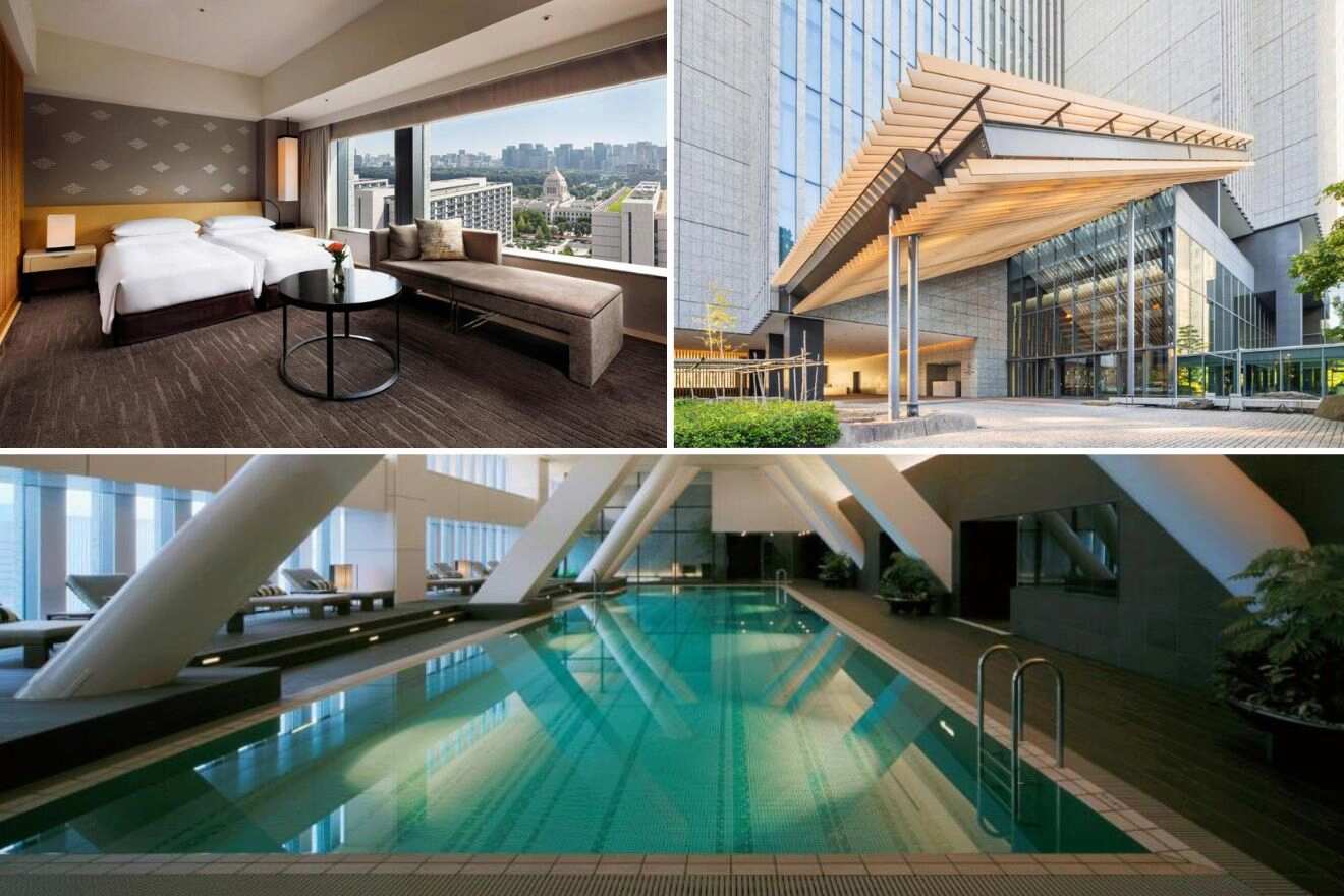 A collage of photos of a cool and unique hotel to stay in Tokyo: a sophisticated hotel room with city views and elegant furniture, a striking modern hotel entrance with an overhanging roof, and an indoor swimming pool with architectural columns and skylights.
