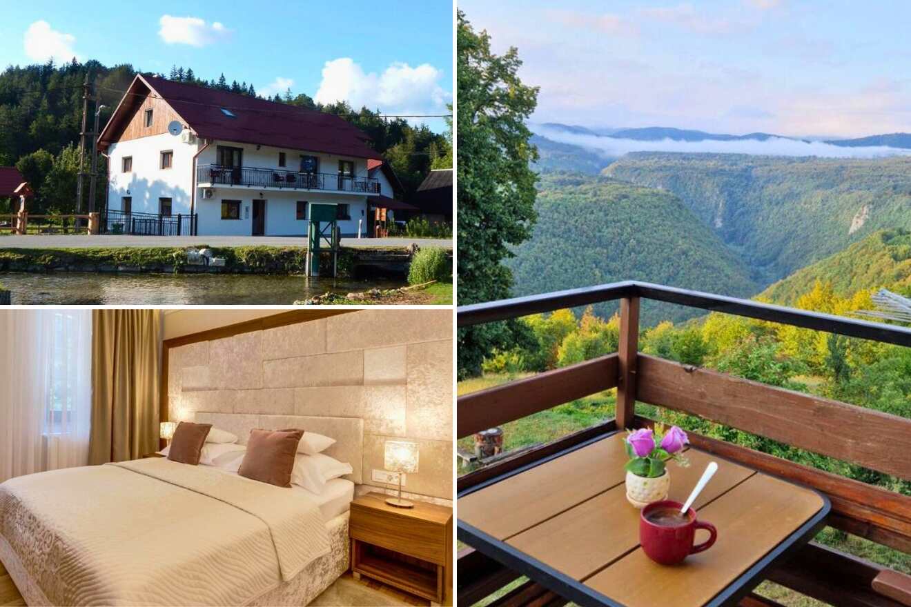 A collage of three guest house photos near Plitvice Lakes: a waterfront house set against a lush backdrop, a simple and elegant bedroom with cream bedding, and a balcony view featuring a cup on a table overlooking a scenic valley.