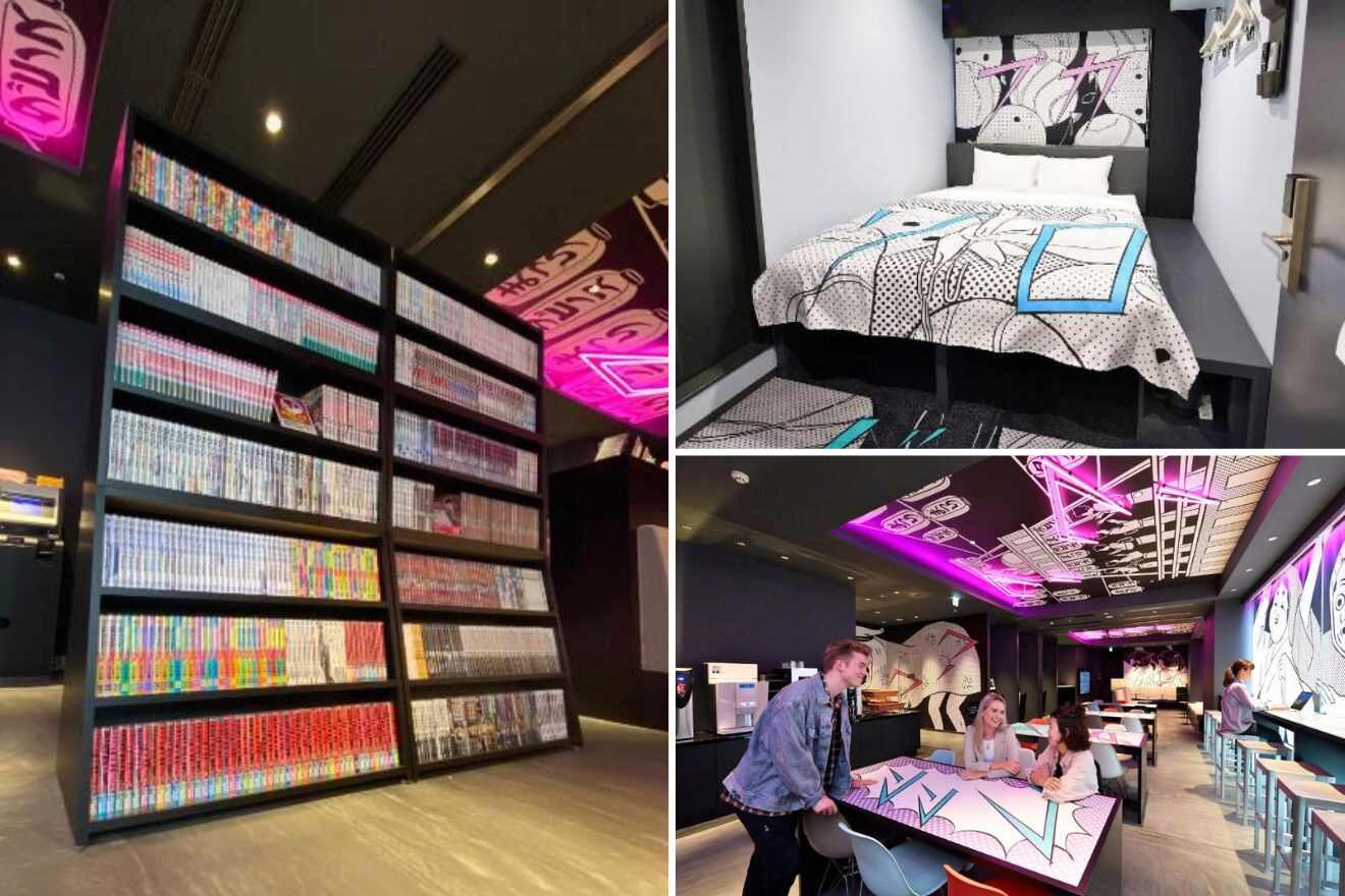A collage of photos of a cool and unique hotel to stay in Tokyo: a wall-to-ceiling shelf filled with colorful manga books, a modern bedroom with graphic art and a stylish black and white bedspread, and guests enjoying in a chic, neon-lit communal space.