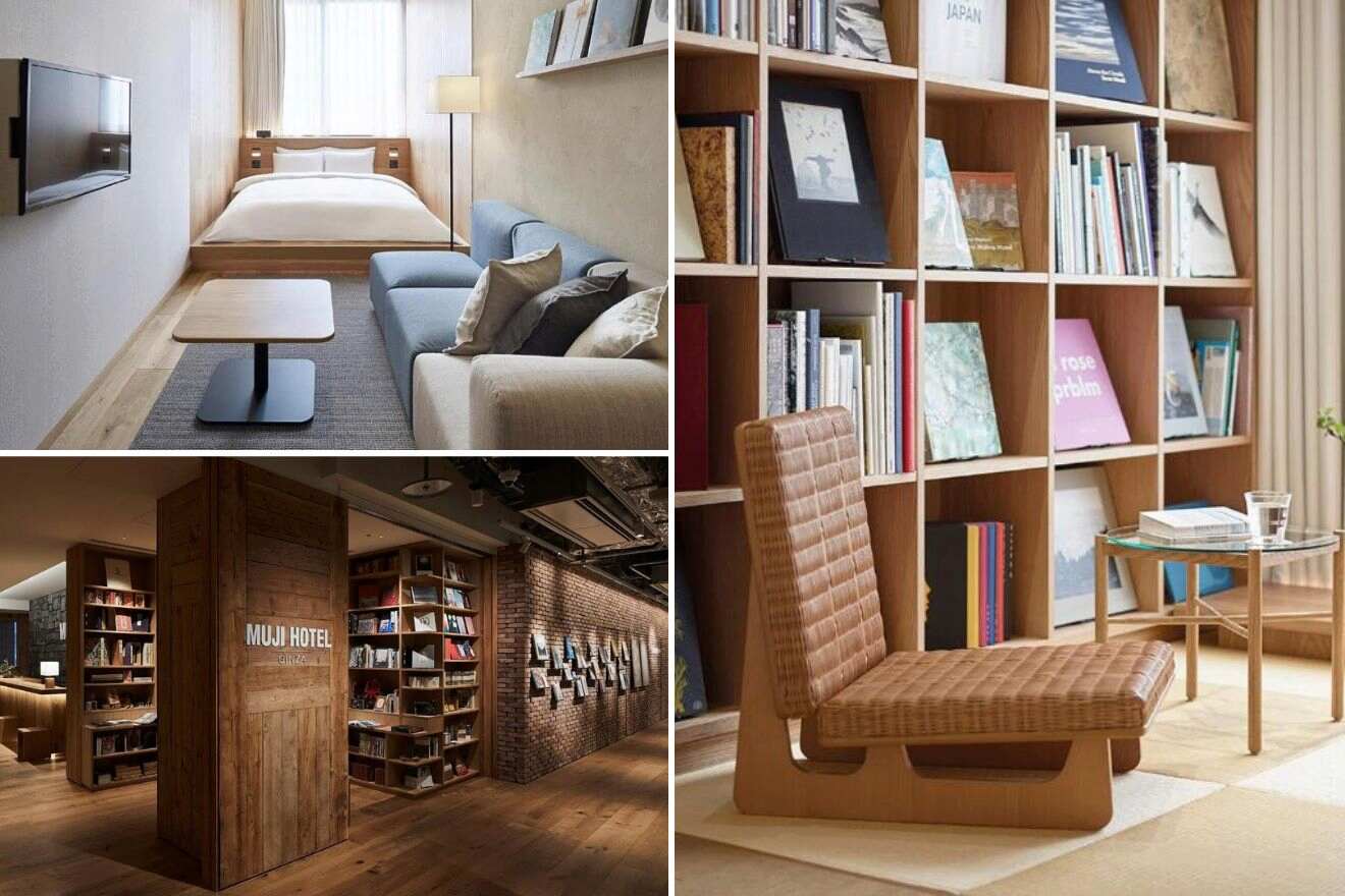 A collage of photos of a cool and unique hotel to stay in Tokyo: a cozy hotel room with a simple wood bed and a comfortable sofa, a warm reading nook with a rich selection of books on wooden shelves, and a welcoming hotel library with a unique wooden pillar design and brick accent walls