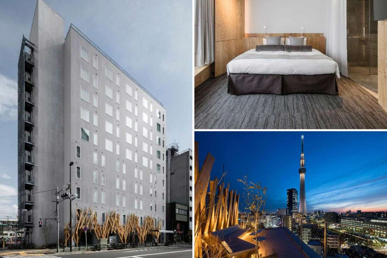 A collage of photos of a cool and unique hotel to stay in Tokyo: a minimalist hotel exterior with an asymmetrical design, a refined bedroom with concrete walls and a large window, and an evening view of Tokyo Skytree from a hotel rooftop.