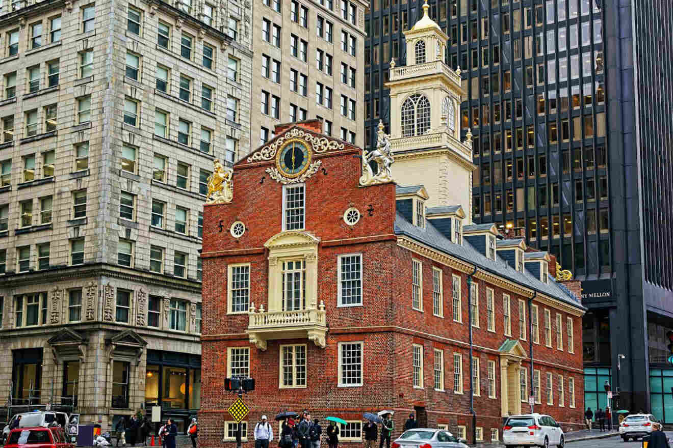 The Old State House, a historic landmark in downtown Boston, with its distinctive architecture standing out among modern high-rise buildings