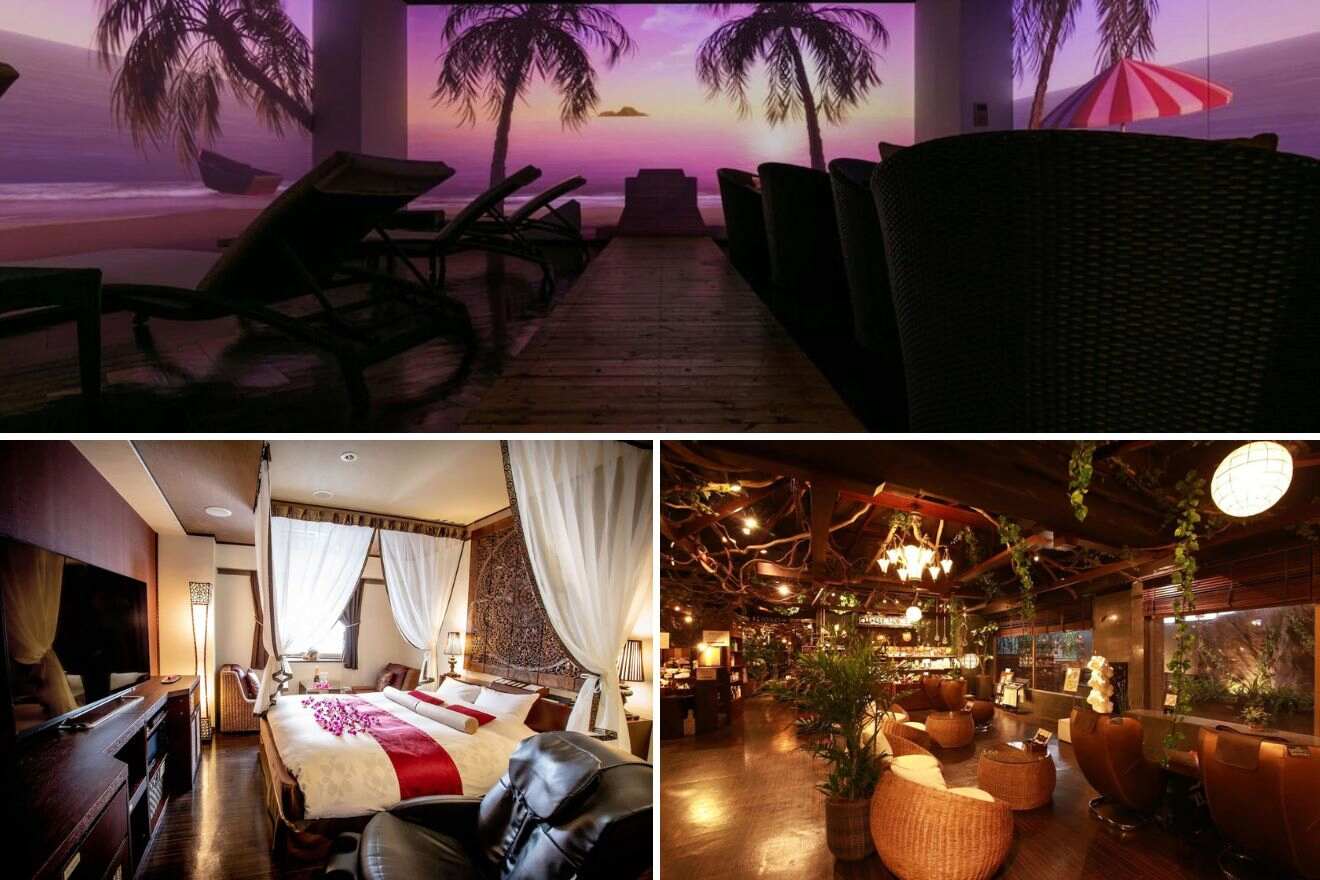 A collage of photos of a cool and unique hotel to stay in Tokyo: a tranquil beach scene in a relaxation room with lounge chairs, a Balinese-themed bedroom with elegant drapery, and a rustic hotel bar with lush greenery and wooden furnishings.