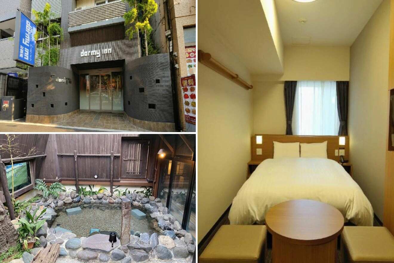 A collage of photos of a cool and unique hotel to stay in Tokyo: a modern hotel facade with a distinctive architectural style, a serene outdoor onsen within the hotel grounds, and a compact yet inviting bedroom with modern amenities.