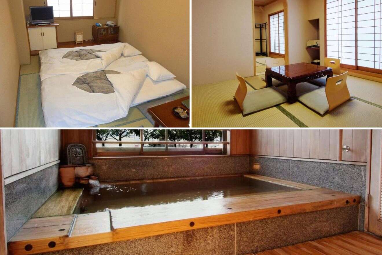 A collage of photos of a cool and unique hotel to stay in Tokyo: a traditional Japanese tatami room with futon bedding, a wooden onsen bath exuding a sense of tranquility, and a chic hotel interior featuring a traditional tea room with tatami mats