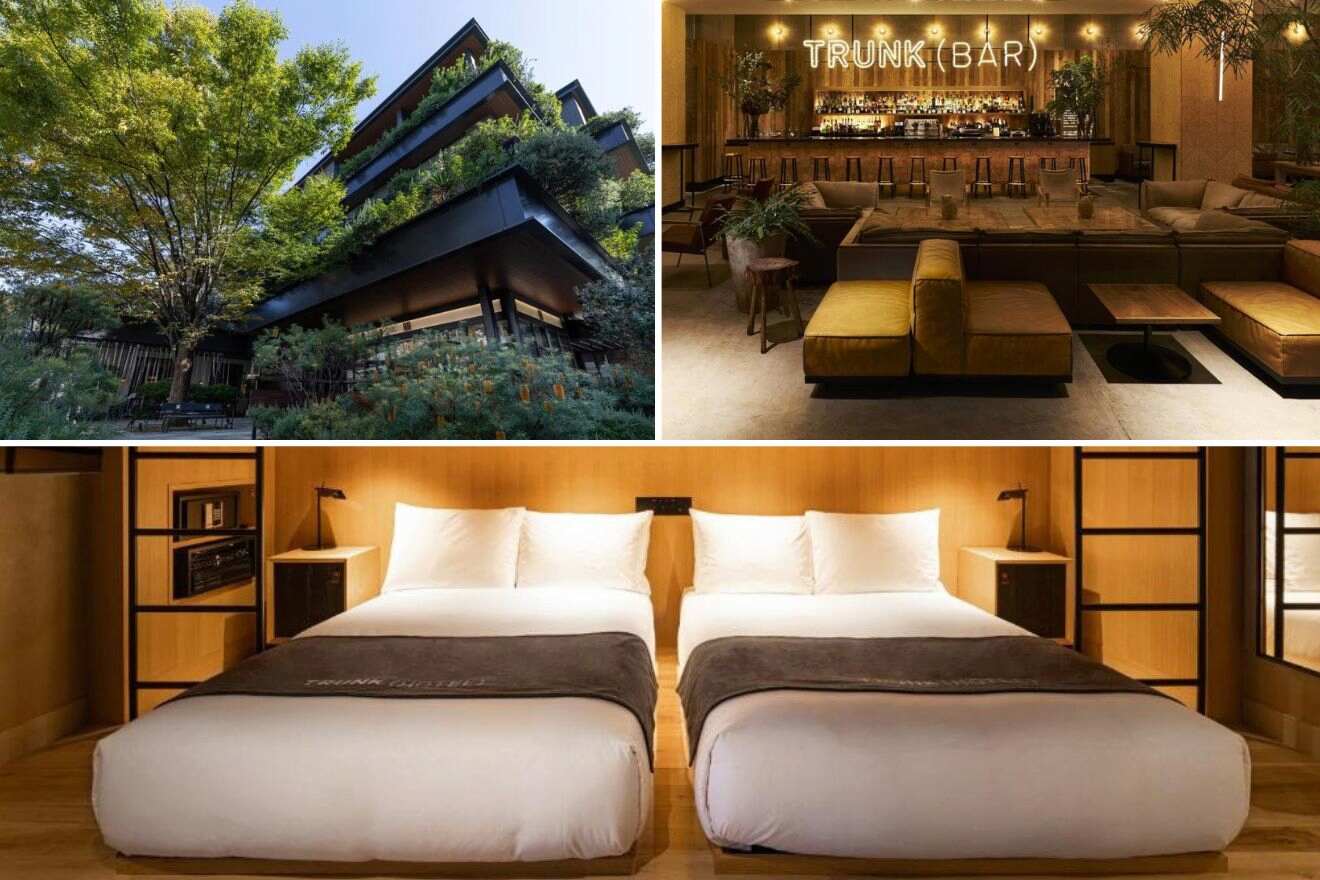 A collage of photos of a cool and unique hotel to stay in Tokyo: a greenery-clad hotel facade blending nature with modern architecture, an elegant bar area inside the hotel with a relaxed atmosphere, and a zen bedroom with simplistic design and wooden elements