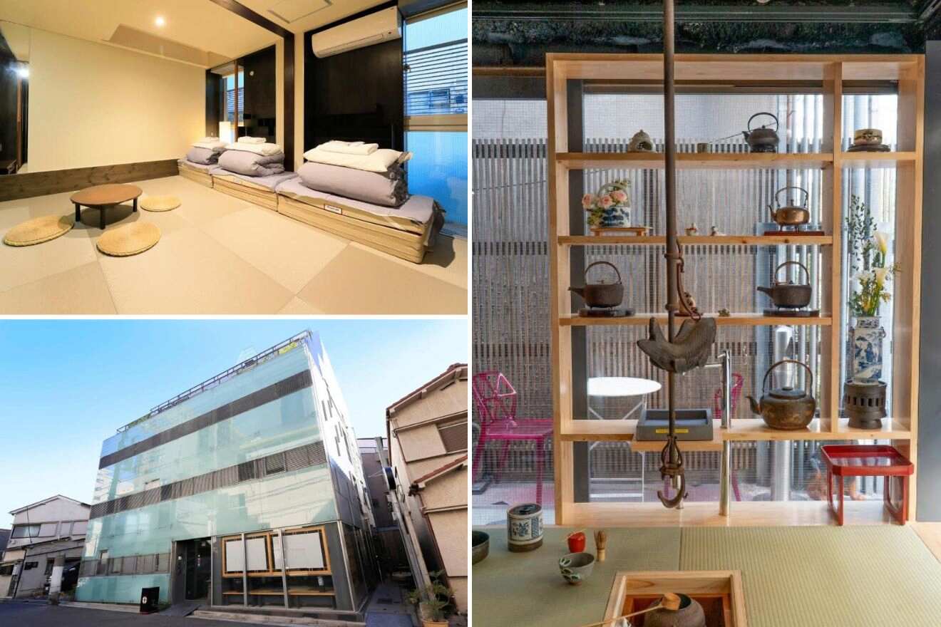 A collage of photos of a cool and unique hotel to stay in Tokyo: a hotel with a modern exterior design incorporating traditional elements, a capsule-style bedroom setup providing a cozy, efficient sleeping space, and a traditionally inspired hotel space with tatami mats and a centered tea-making area