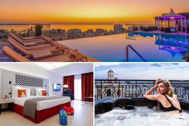 A collage of three hotel photos to stay in Valletta: a sunset view from a rooftop pool, a family room with vibrant children's decor and city views, and a woman relaxing in a rooftop jacuzzi overlooking historic architecture.