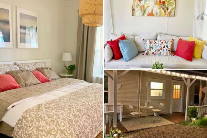 A collage of three hotel photos to stay in Dallas: a cozy bedroom with warm lighting and beige textiles, a colorful living space with vibrant throw pillows on a white couch, and a welcoming porch with seating and string lights of a quaint guesthouse.