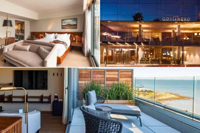 A collage of three hotel photos to stay in Montevideo: a bedroom with a plush sofa and neutral tones overlooking the city, the elegant exterior of the Hotel Costanero with its glass facade, and a balcony with a seaside view featuring comfortable outdoor seating.