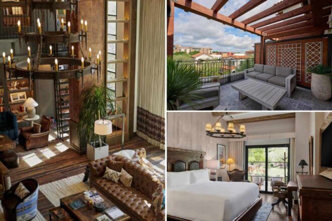 A collage of three hotel photos to stay in Fort Worth: a captivating library with a two-story bookshelf and spiral staircase, a charming rooftop patio with gray outdoor furniture under a wooden pergola, and a sophisticated bedroom with classic furnishings and a view of greenery outside.
